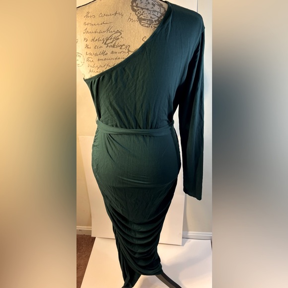 Women’s green bodycon maxi dress, long sleeve one shoulder side rouching size XL - Picture 4 of 7